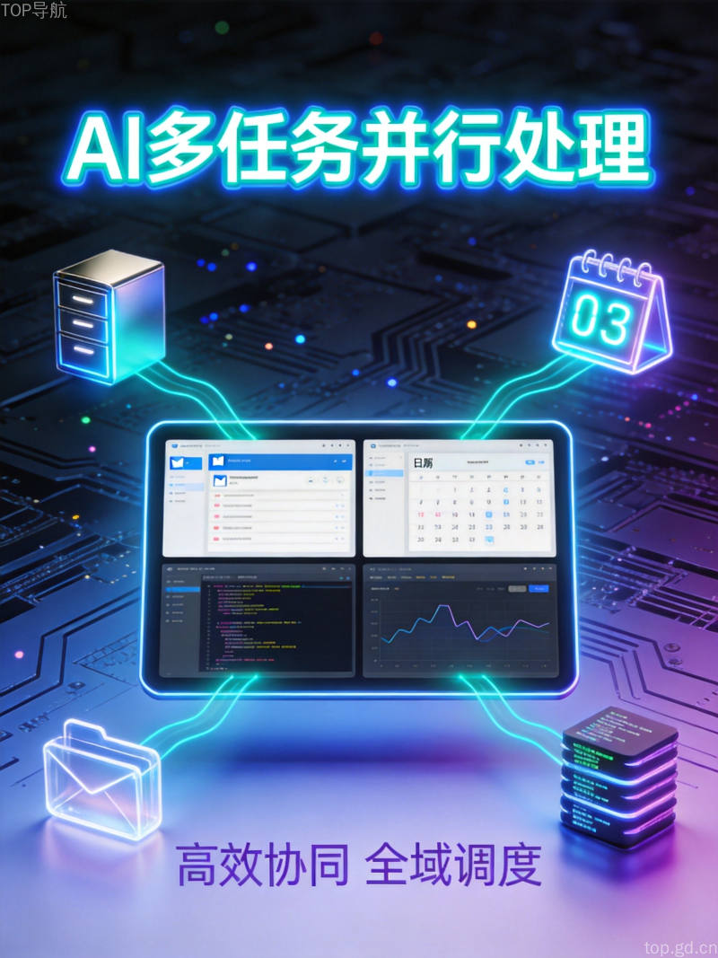 Grok Bot多任务处理界面概念图，一台智能终端分屏显示邮件日历代码数据等多个工作窗口