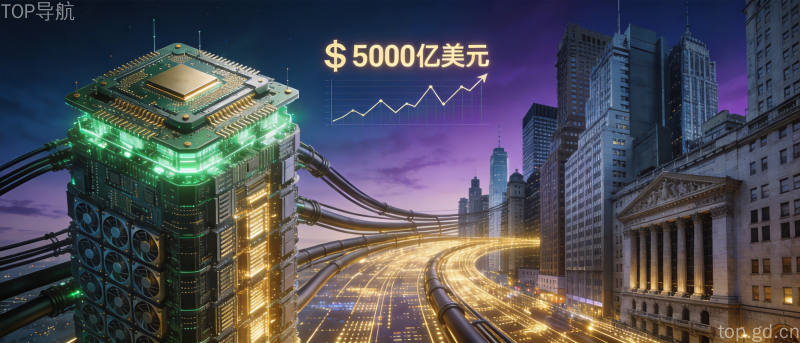 英伟达GPU数据中心与华尔街金融大楼通过光缆连接的融合概念图，体现算力与资本结合