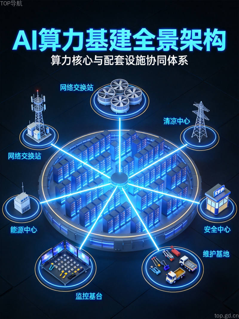 俯瞰视角下的大型AI算力园区信息图，服务器机架阵列向外辐射连接多个基础设施节点