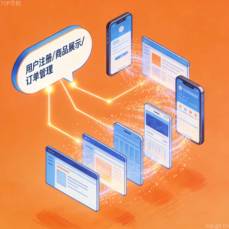 全栈应用快速搭建概念图，从文字气泡到完整应用界面的转化流程，等距3D视角，温暖橙蓝对比色调