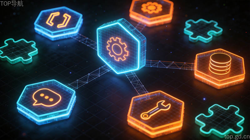 DeepSeek Harness插件化架构等距3D示意图,模块化六边形容器与连接线