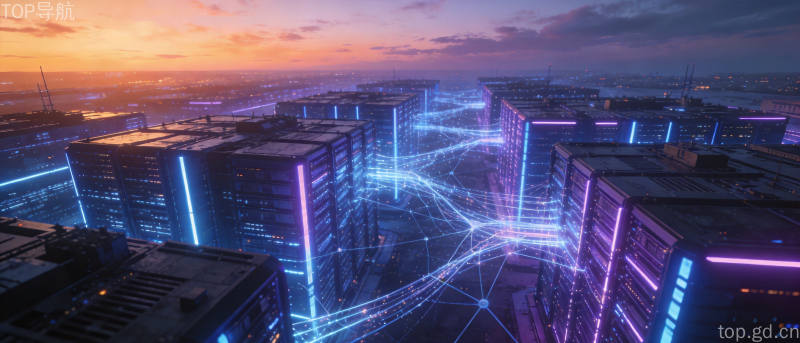 英伟达AI数据中心夜景,蓝色光效服务器建筑群与数据流
