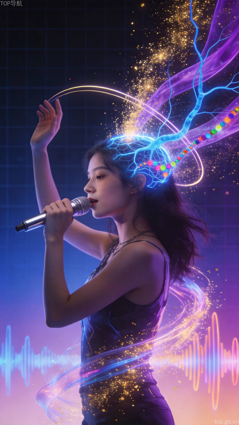 阿里HappyShrimp自然语言音乐创作概念图，人脑灵感与声波光带交织的赛博视觉