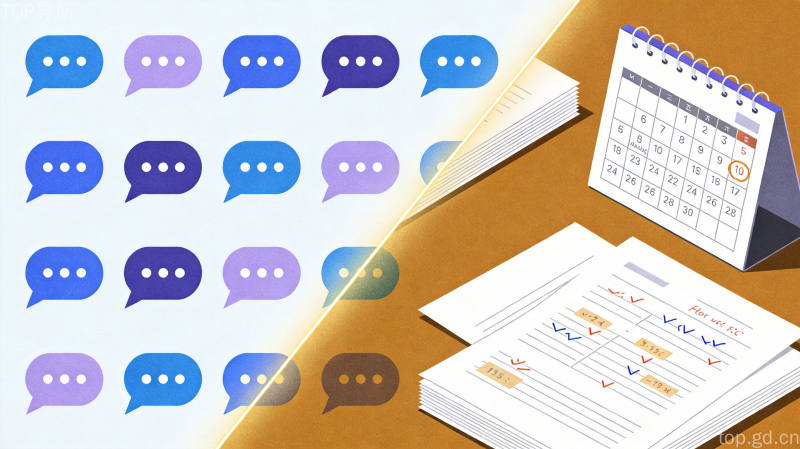 AI聊天与成品交付对比插画，冷色聊天气泡与暖色文档日历形成对比，体现从陪聊到交付成果
