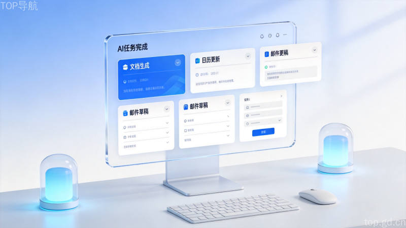 OpenWorker桌面AI界面概念图，玻璃拟态屏幕展示文档生成、日历更新、邮件草稿等任务卡片