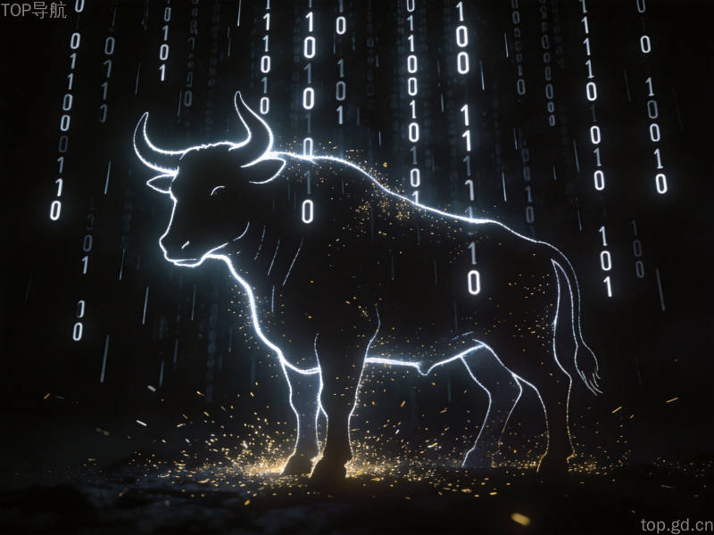 发光公牛剪影立于二进制代码雨中,金色光粒环绕,象征神秘匿名大模型牛来Ox Alpha的身份悬念