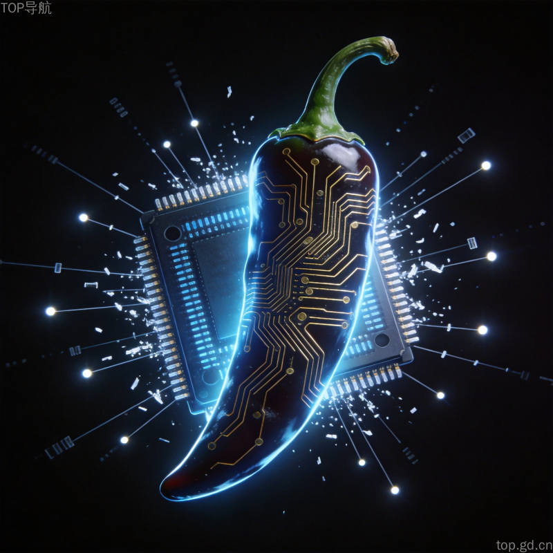 OpenAI自研推理芯片Jalapeño墨西哥辣椒造型芯片微距图，蓝金辉光电路与数据流粒子环绕