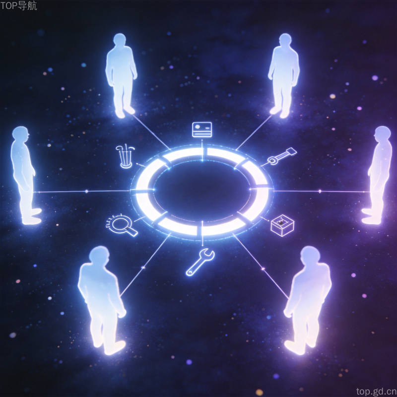 多个AI智能体人形剪影围绕中央任务圆环分工协作，深蓝紫粒子光效的协同概念图