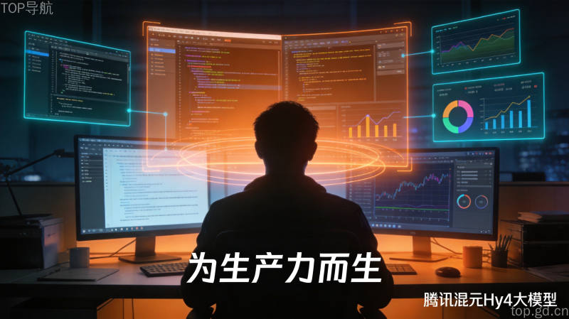 深夜办公室开发者面对多个悬浮代码窗口与数据分析图表,展现腾讯混元Hy4大模型赋能办公生产力