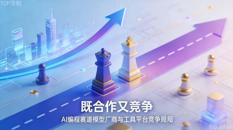 淡蓝紫3D象棋棋子与上升趋势箭头,配文既合作又竞争,展现AI编程赛道厂商与工具平台竞争格局