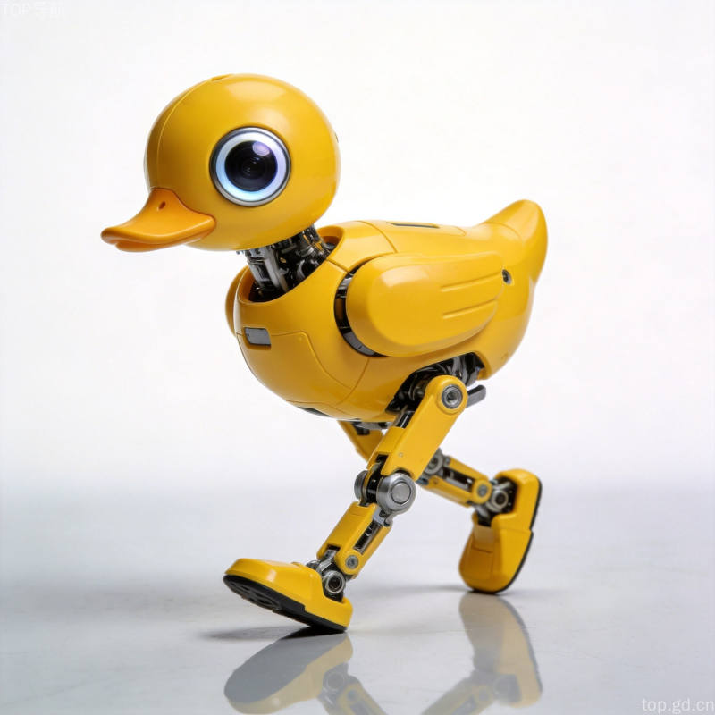 白底黄色机械小鸭行走姿态，露出银色机械关节，展现Microduck开源机器人产品
