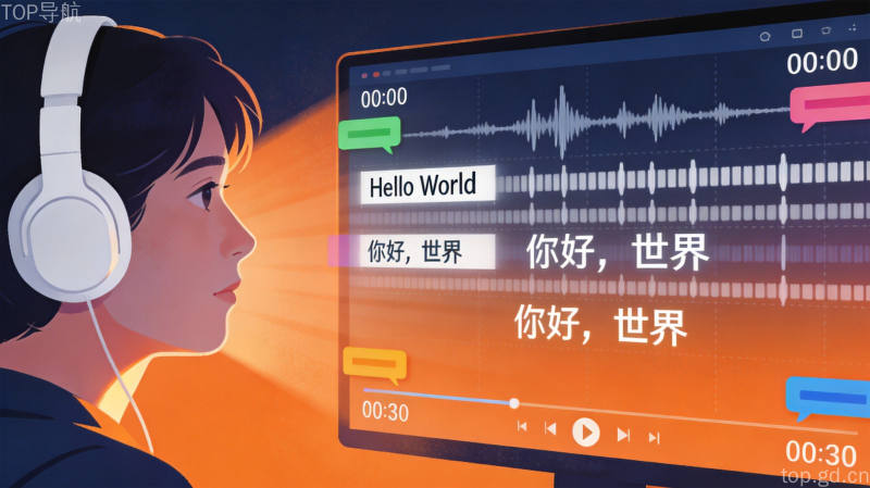 戴耳机人物面对音频波形与中英文转写字幕屏幕,暖橙藏蓝对比,语音转写工具应用插画