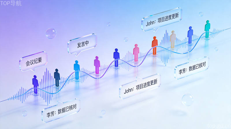 玻璃质感语音波形与多人对话气泡界面,展示Meta语音转写模型的多人会议场景