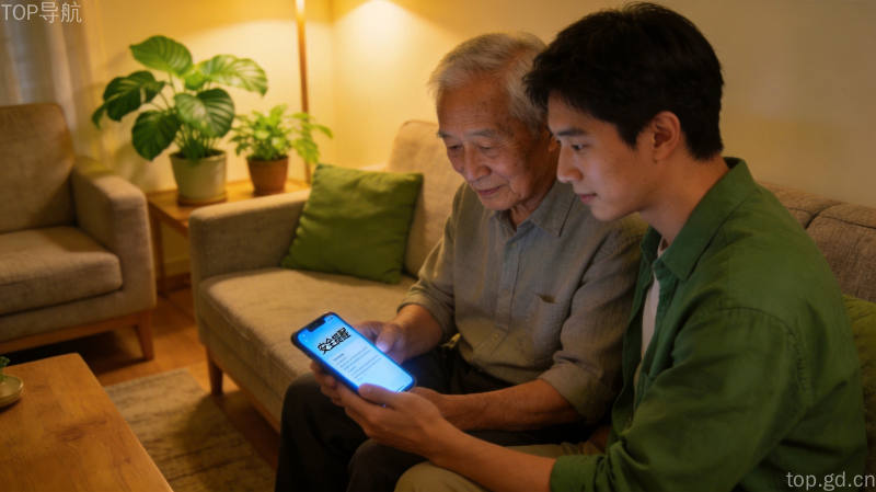 温馨家庭客厅中祖孙二人一起查看手机安全提醒，体现国家反诈AI全民防诈的实用场景