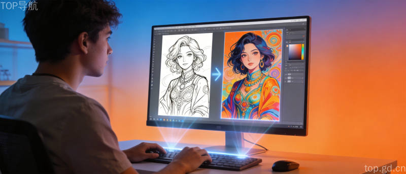 设计师在显示器前使用AI图像工具将草图线稿实时转化为精美插画的创作场景,体现Sketch草图生图功能