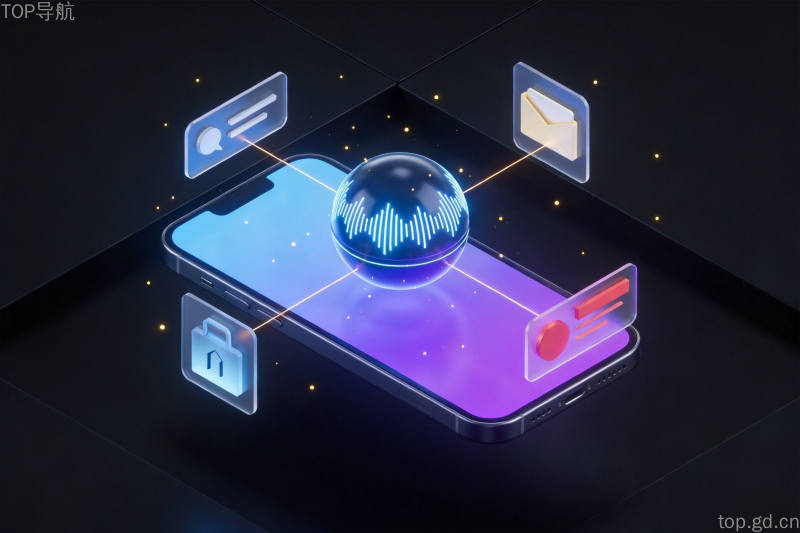 悬浮手机与发光声波纹AI助手连接各类应用图标的等距概念图