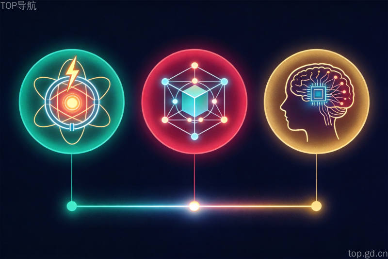横向三联扁平信息图,核聚变、量子计算、脑机融合三种新型计算架构图标