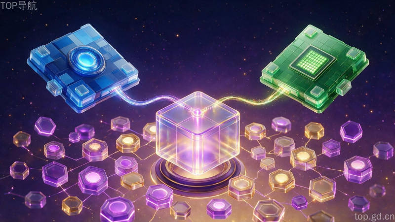 TileLang跨芯片算子生态等距3D概念图,蓝色GPU与绿色NPU通过中立语言层互联