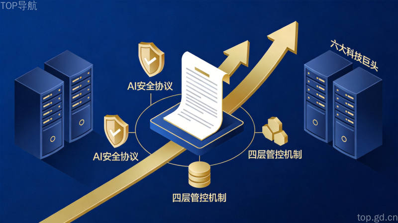 数据中心机柜与金色趋势箭头盾牌图标,代表六大科技巨头签署AI安全协议四层管控