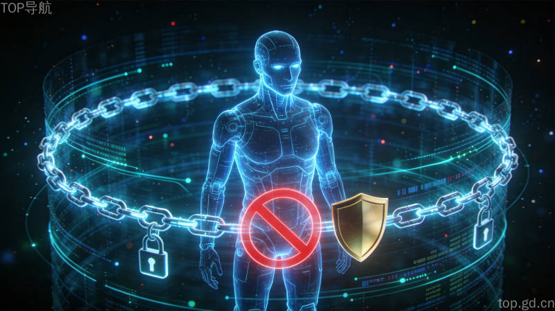 发光AI智能体被能量围栏与锁链约束,体现模型越权控制与安全护栏概念,越权率仅1.47%