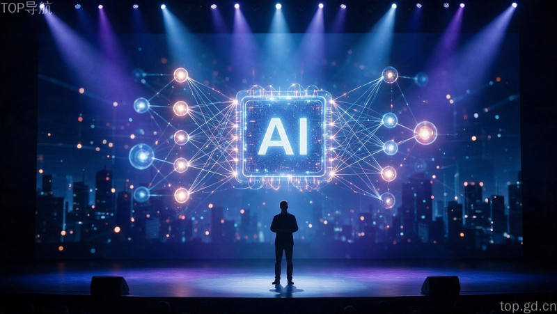 蓝紫聚光灯下发布会舞台与科技人物剪影，象征前沿AI模型全球发布时刻