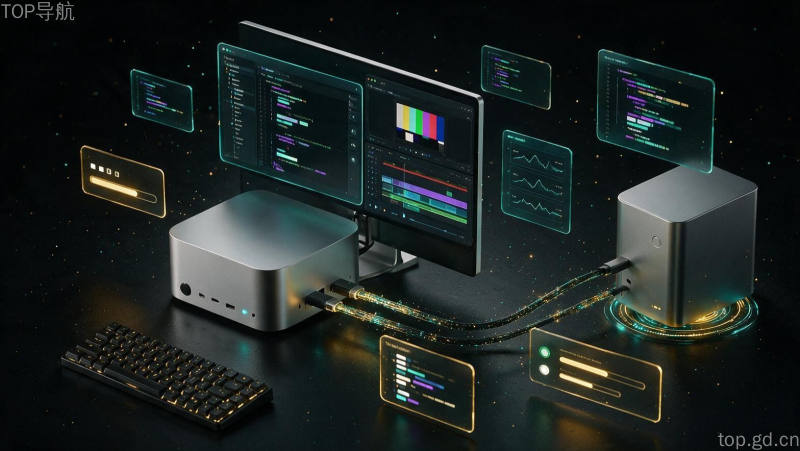 两台Mac Studio本地运行AI智能体的等距3D场景,Meta与苹果联手推动端侧推理