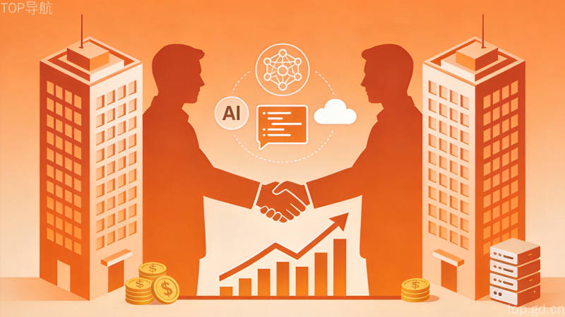 暖橙色简约扁平信息图中两座科技公司大楼剪影合作握手,AI模型与Codex图标漂浮,增长曲线向上